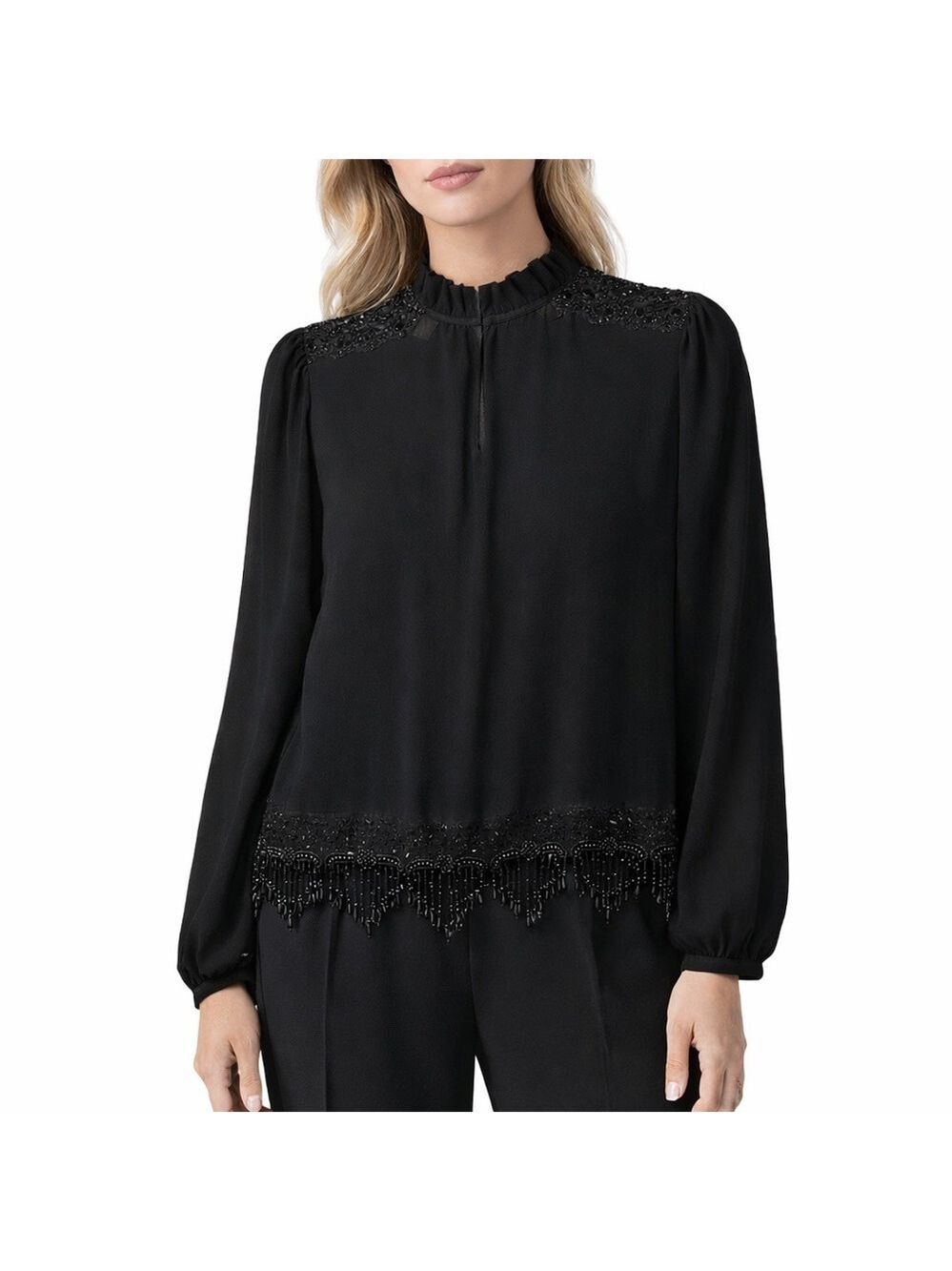 MICHAEL MICHAEL KORS Black Beaded Long Sleeve Fancy Easy Care Poly Blouse Sz M